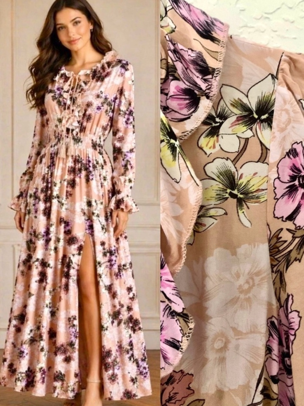 Jaase Australian Pink Mauve Floral Long Sleeve Ruffle Maxi Dress